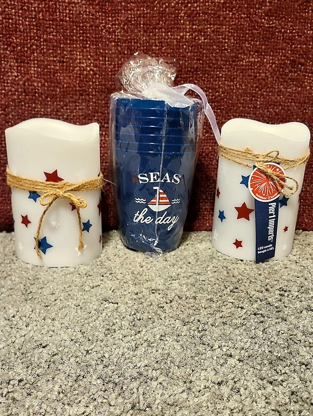 Pier 1 Seas the Day 7-Piece Plastic Cups & 2 red, white & blue star Led Candles